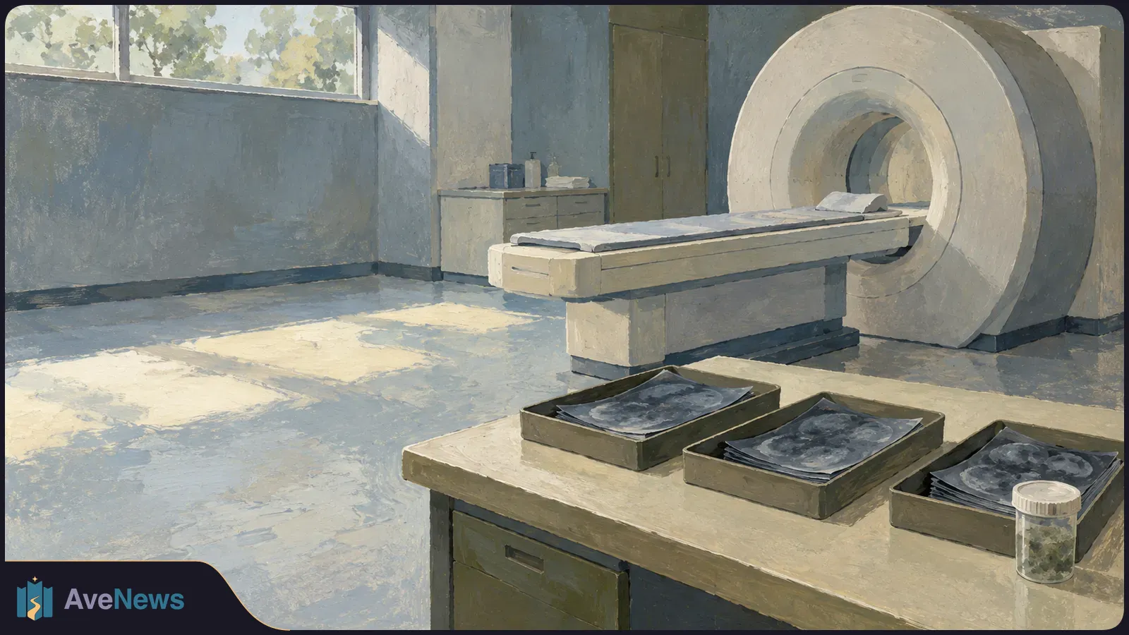 Painted illustration of an empty scanner room. Three trays of grayscale scan images and a small sample jar sit on a foreground counter. SI illustration