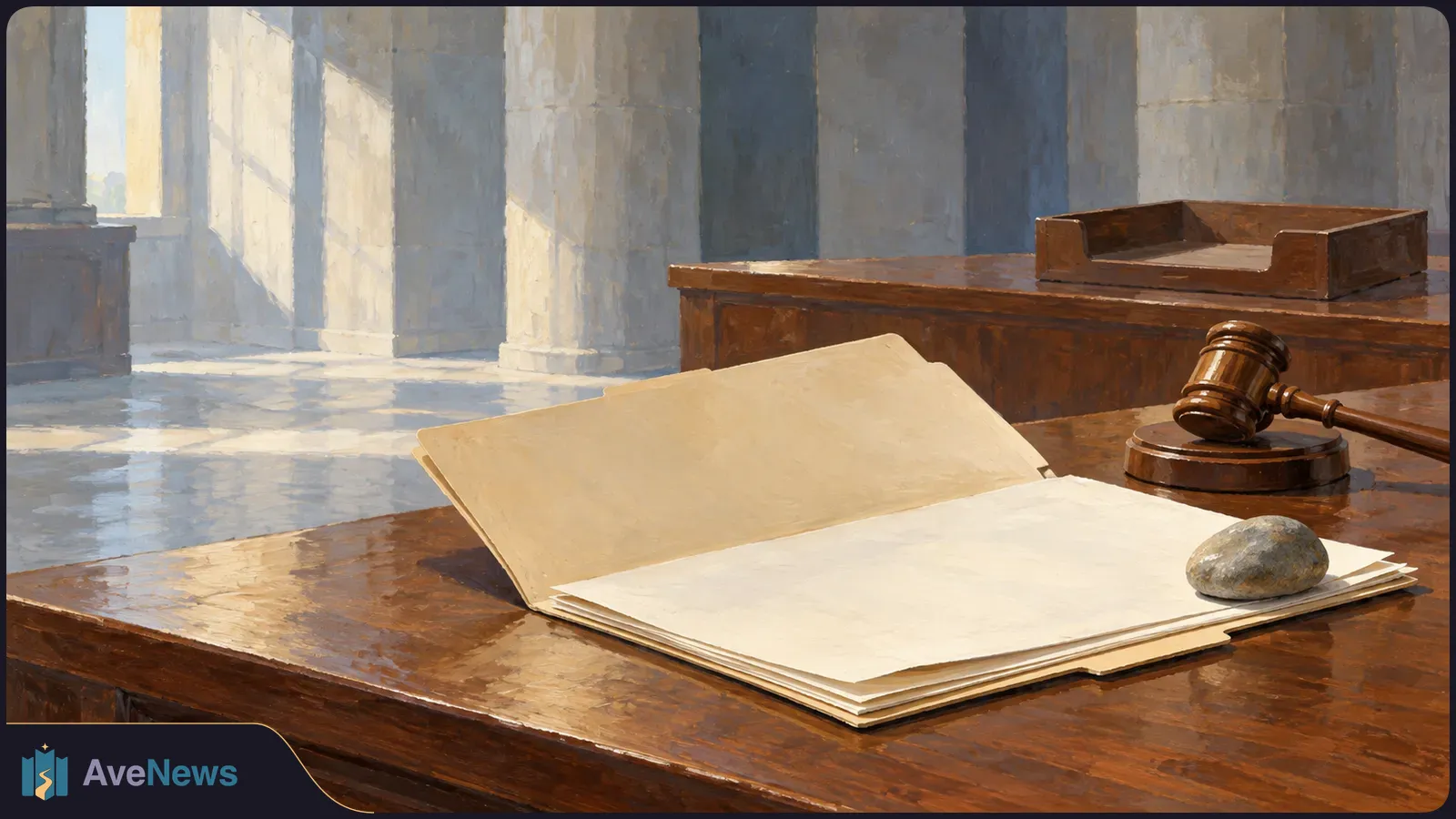 Illustration of a wooden gavel beside an open, blank folder on a courtroom desk, with tall stone columns in the background. SI illustration