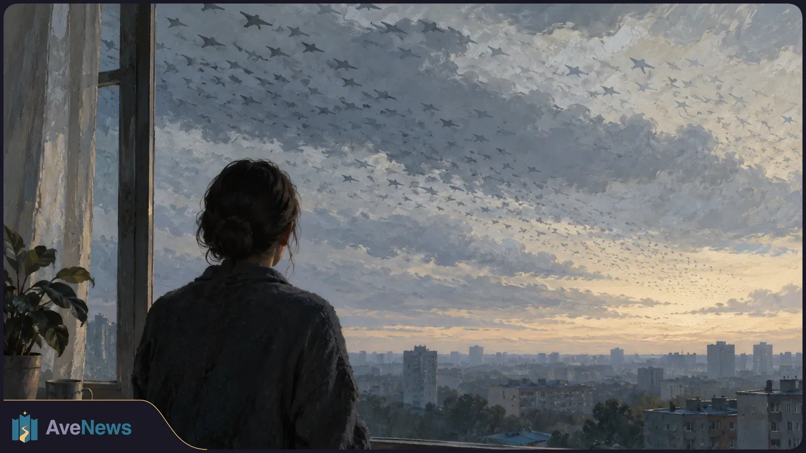A person seen from behind looks out a window over a city at dusk. Hundreds of small aircraft silhouettes fill the cloudy sky. SI illustration
