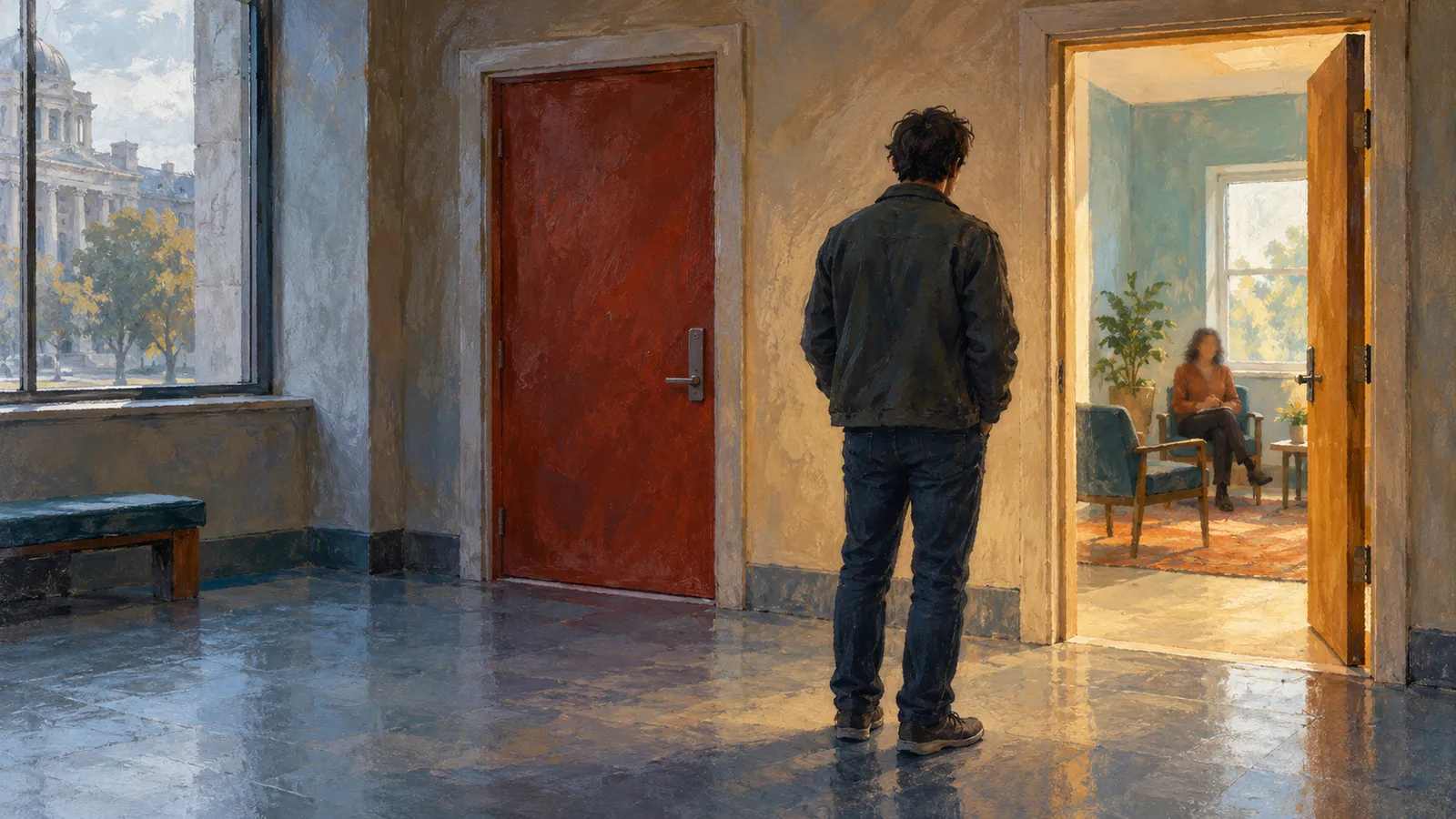 A painted scene shows a man from behind in a hallway, facing an open doorway where a woman sits. A closed red door and a window are to his left. SI illustration