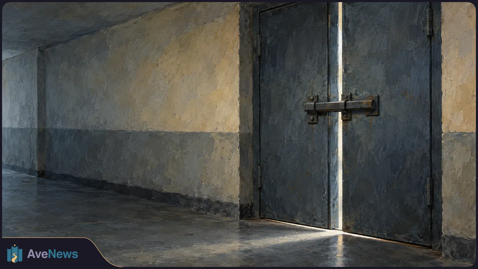 Illustration of a dim, empty corridor with worn walls and a dark metal double door secured by a sliding bolt. Light spills through a narrow gap beneath the door. SI illustration