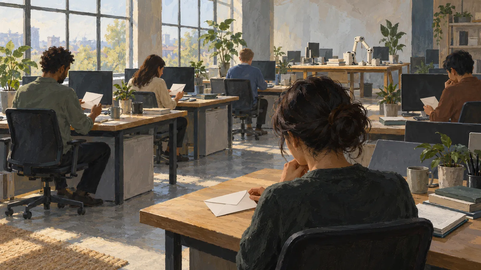 In a sunlit office, people sit at desks with computers; several hold white envelopes, while another envelope rests on the foreground desk. SI illustration