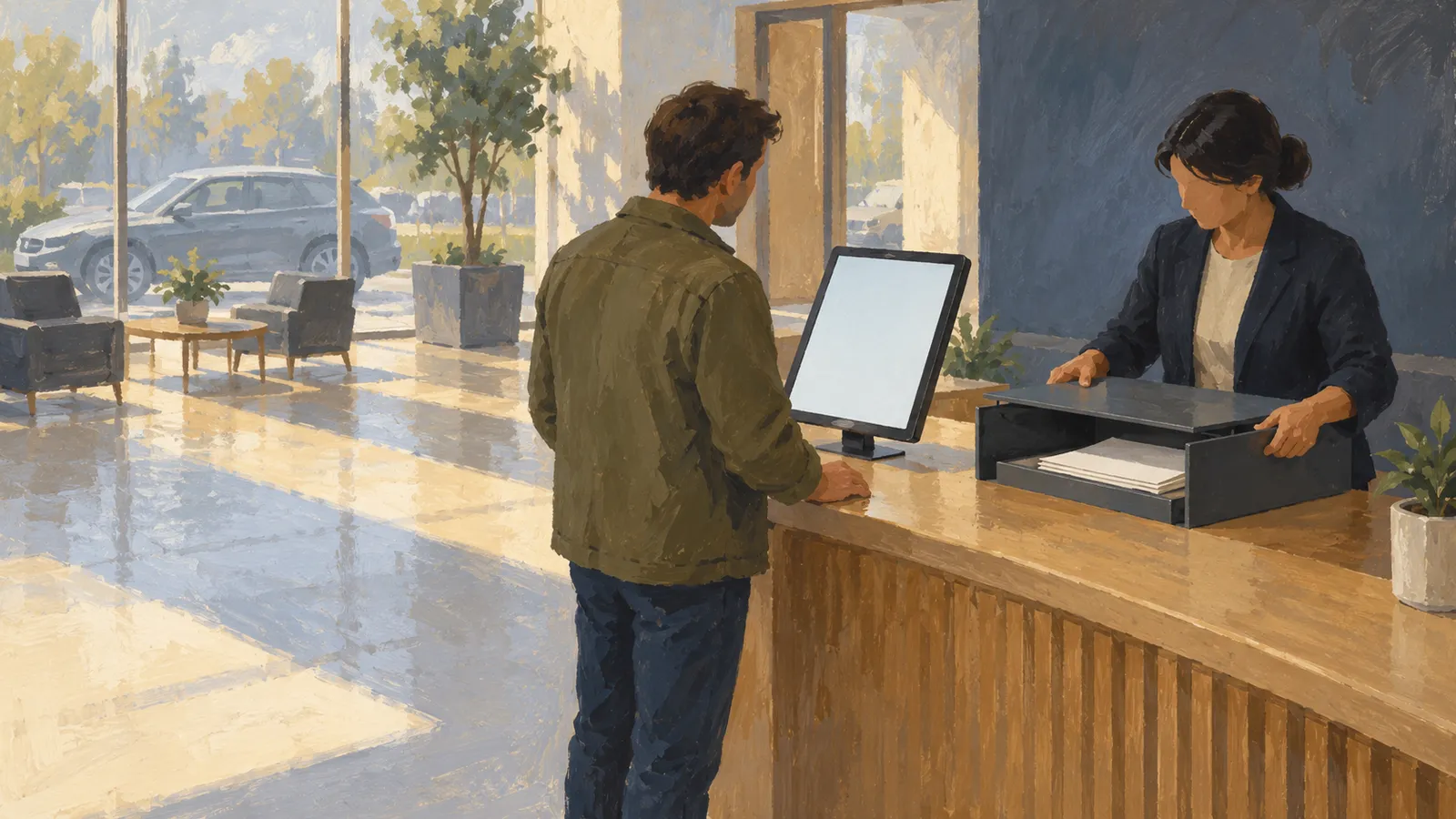 Illustration of a man at a reception counter facing a woman beside a blank screen and a tray of papers; a car is visible through the windows. SI illustration