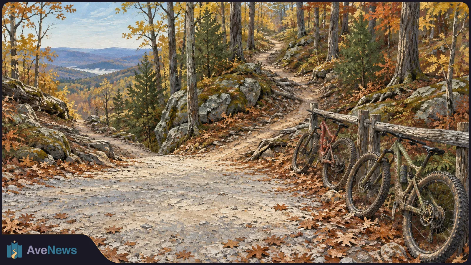 Two mountain bikes lean against a wooden fence beside a rocky trail winding through an autumn forest. SI illustration