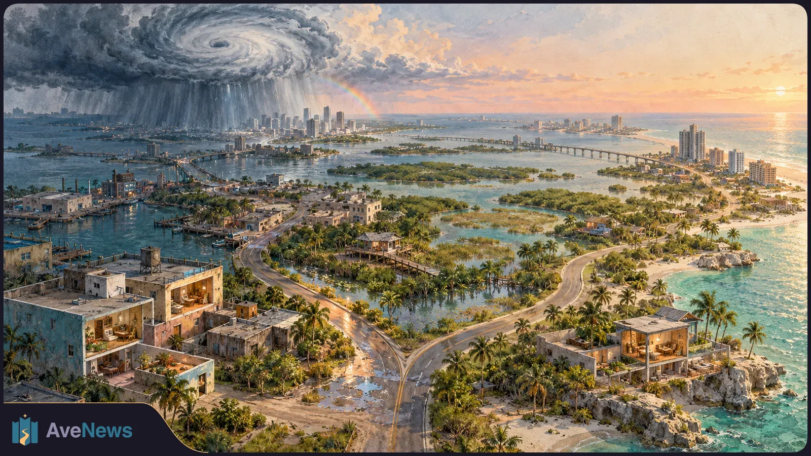 Painted aerial view of a tropical coastal city and islands, with branching roads, a dark swirling storm and rain on one side, and sunlit sea and a rainbow on the other. SI illustration