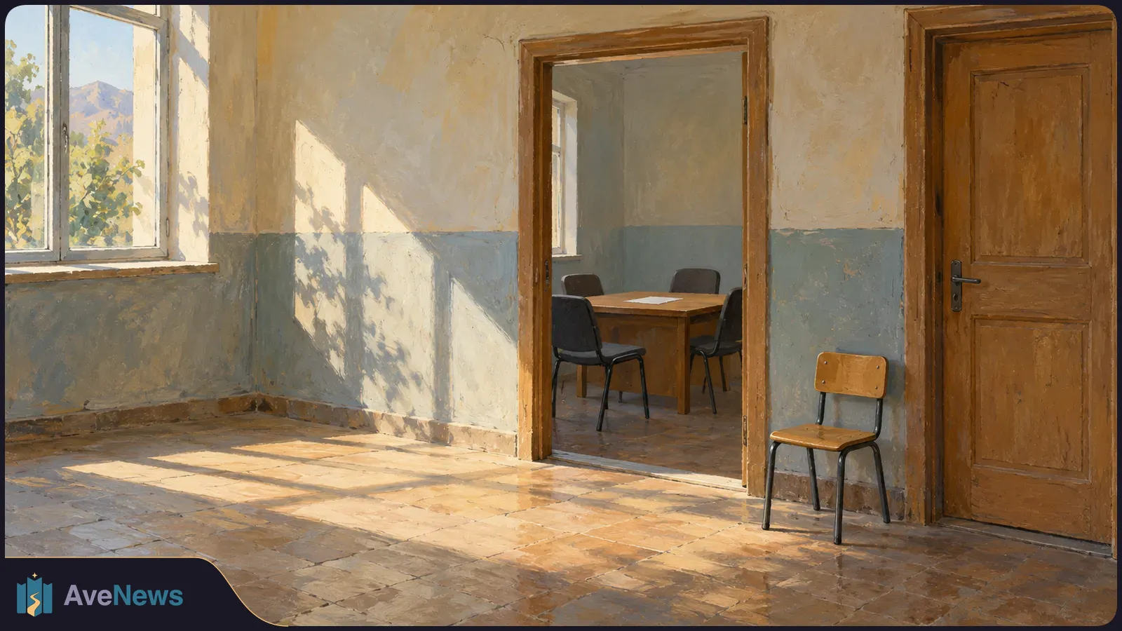 A painted, sunlit hallway with a small empty chair beside a closed wooden door. Through an open doorway, a table and several chairs are visible. SI illustration