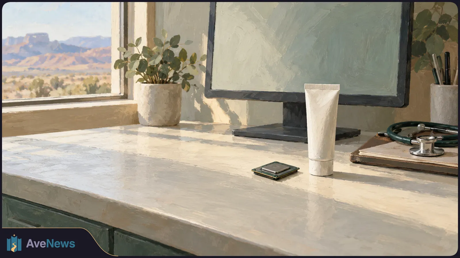 Painted scene of a sunlit desk with an unmarked squeeze tube, microchip and stethoscope beside a blank monitor; desert hills show through the window. SI illustration