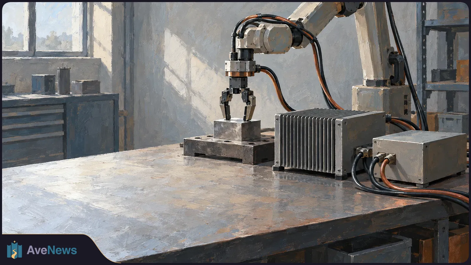 Painterly illustration of a robotic arm gripping a metal block beside a finned electronic unit and a cabled box on a workshop table. SI illustration