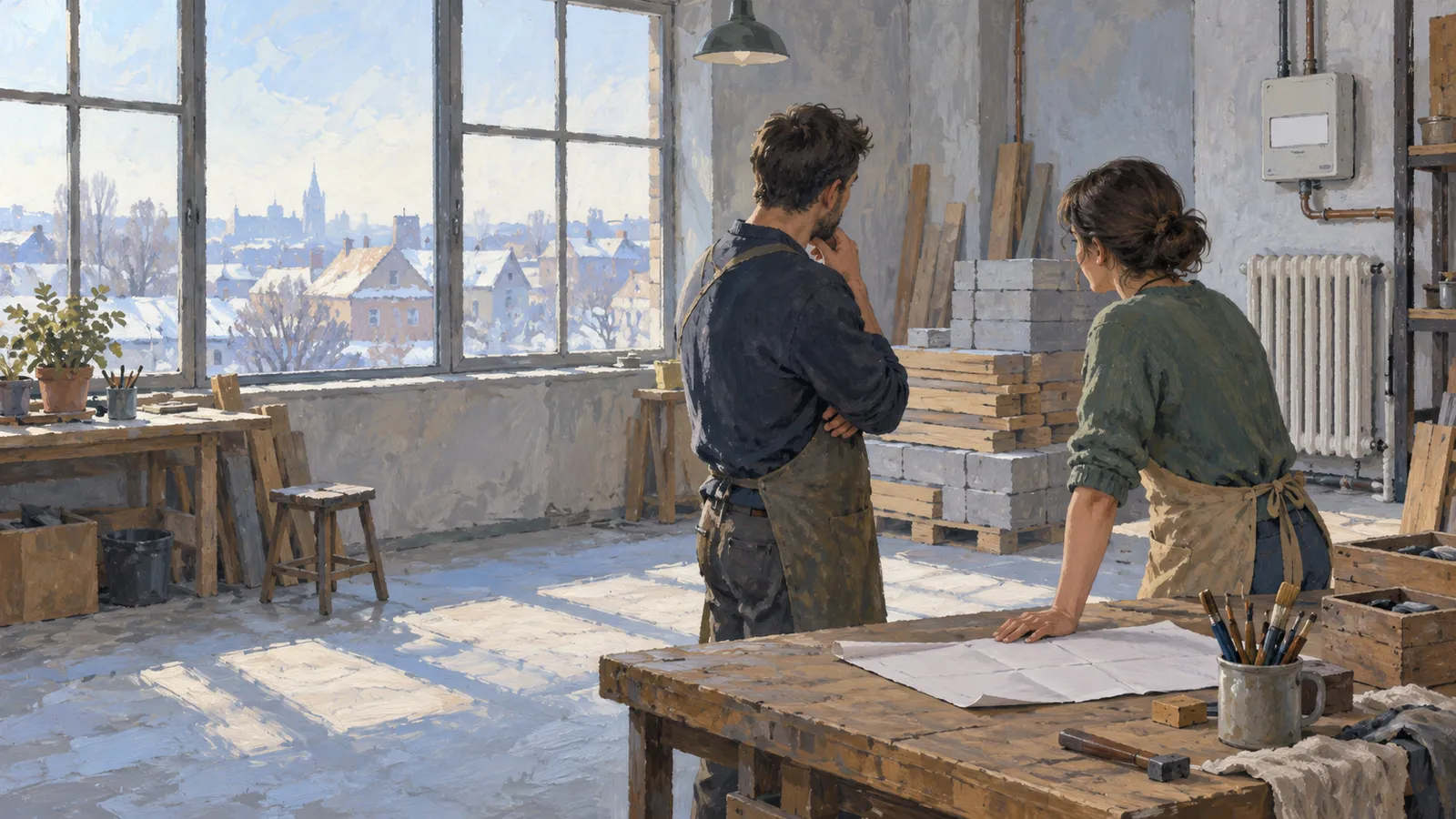 A painting of two apron-clad people in a sunlit workshop, beside stacked boards and blocks. Snow-covered rooftops are visible through large windows. SI illustration
