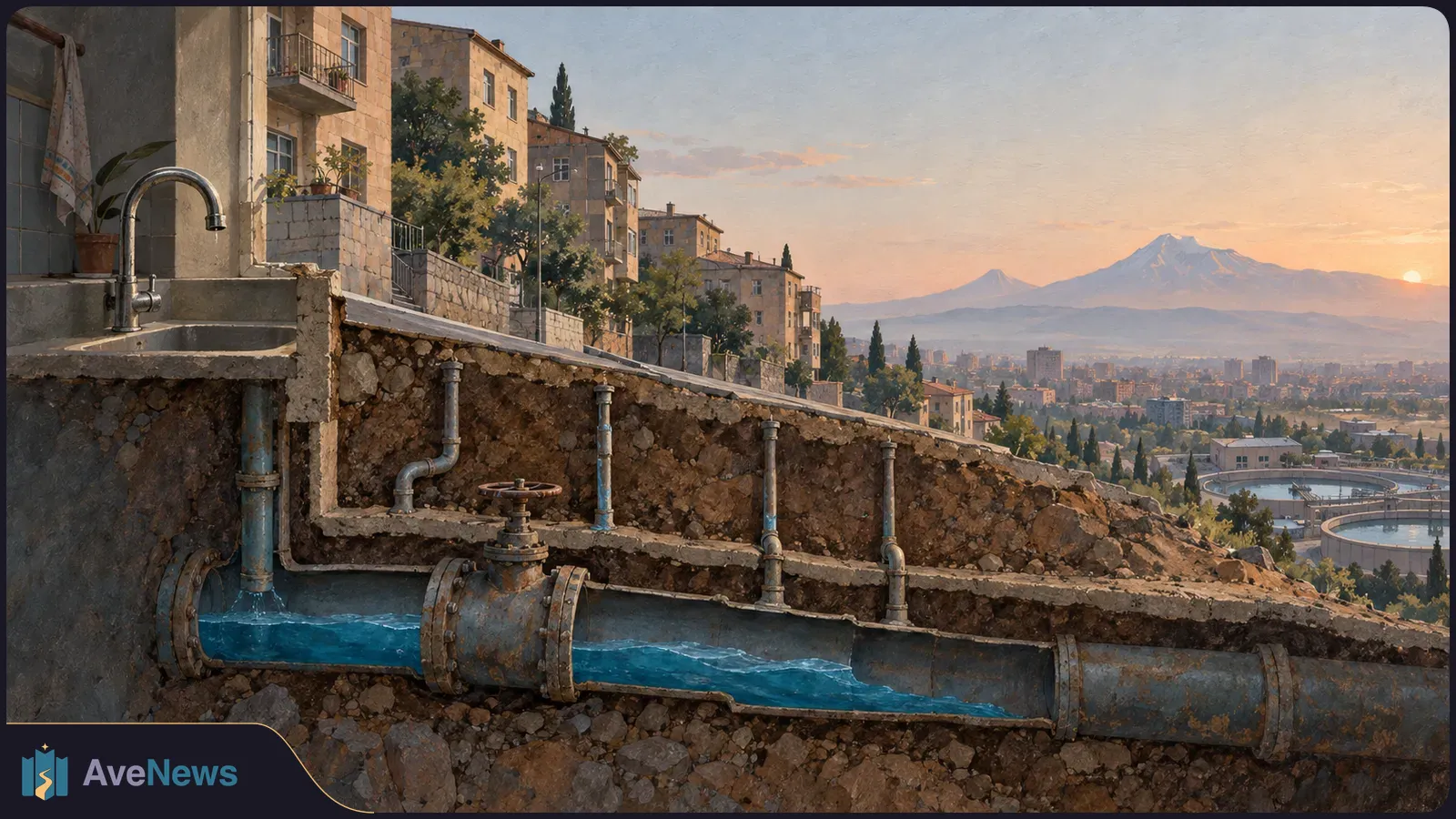 Illustrated cutaway of a water pipe with blue water and a valve beneath hillside buildings; a faucet, city, circular basins and mountain appear beyond at sunset. SI illustration