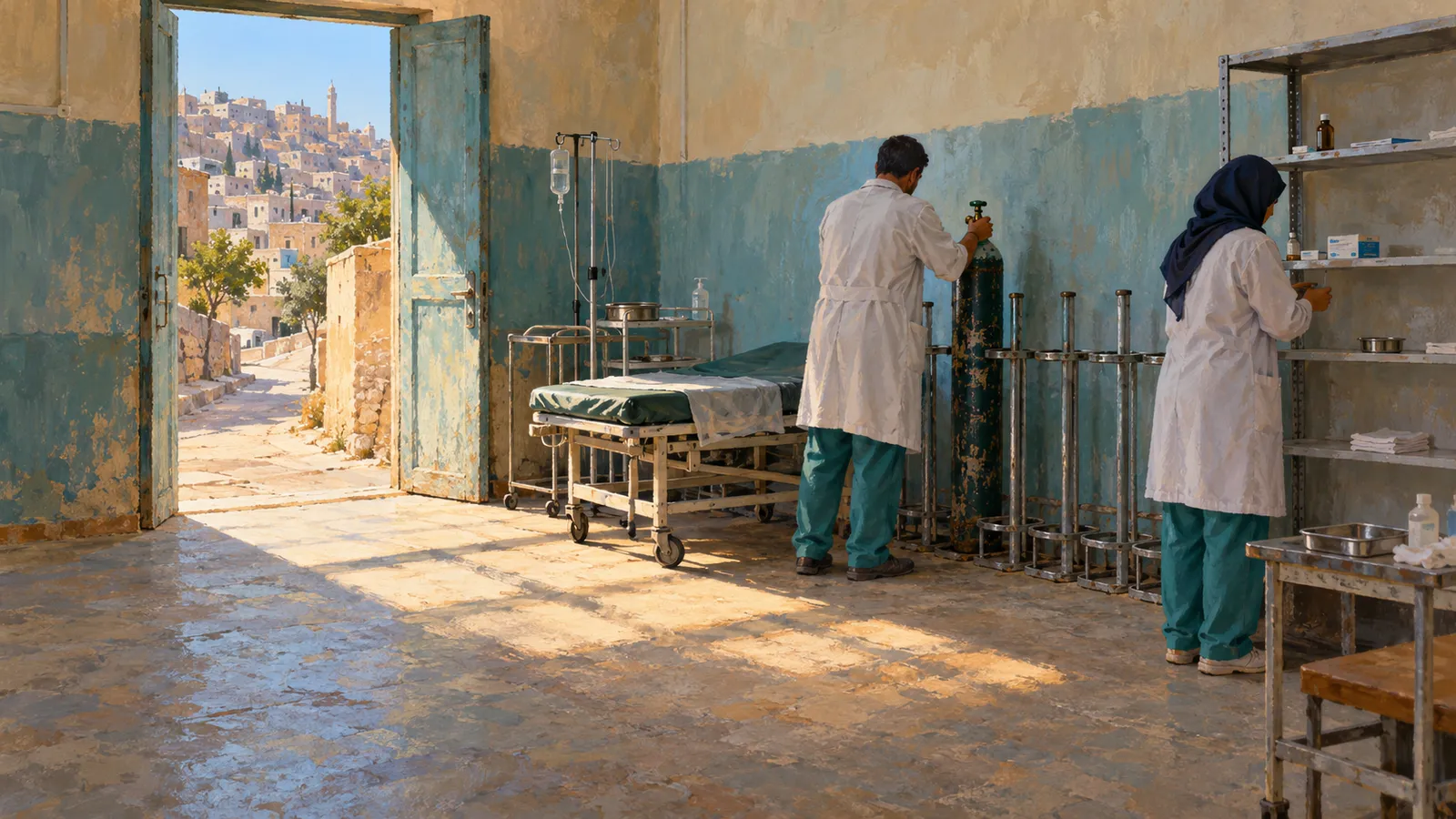 Two people in white coats stand by a cylinder and shelves in a worn clinic room. An empty bed sits near open doors overlooking a hillside town. SI illustration