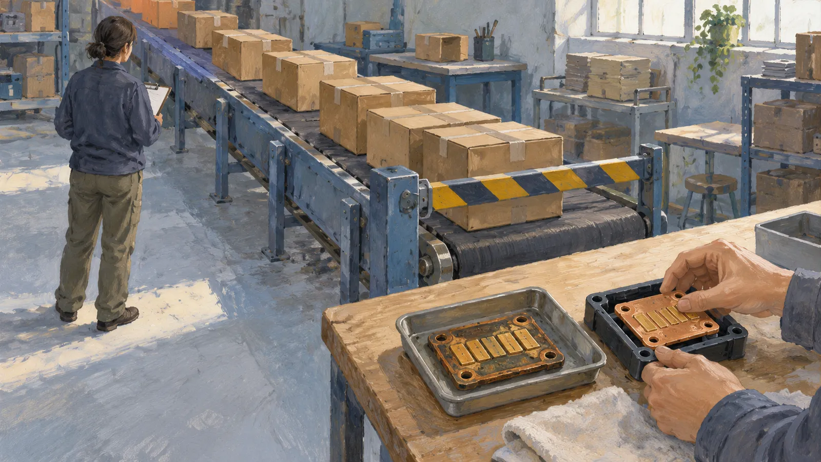 A painted warehouse scene shows boxes on a conveyor, a worker holding a clipboard, and hands handling a copper-colored component beside a corroded one. SI illustration