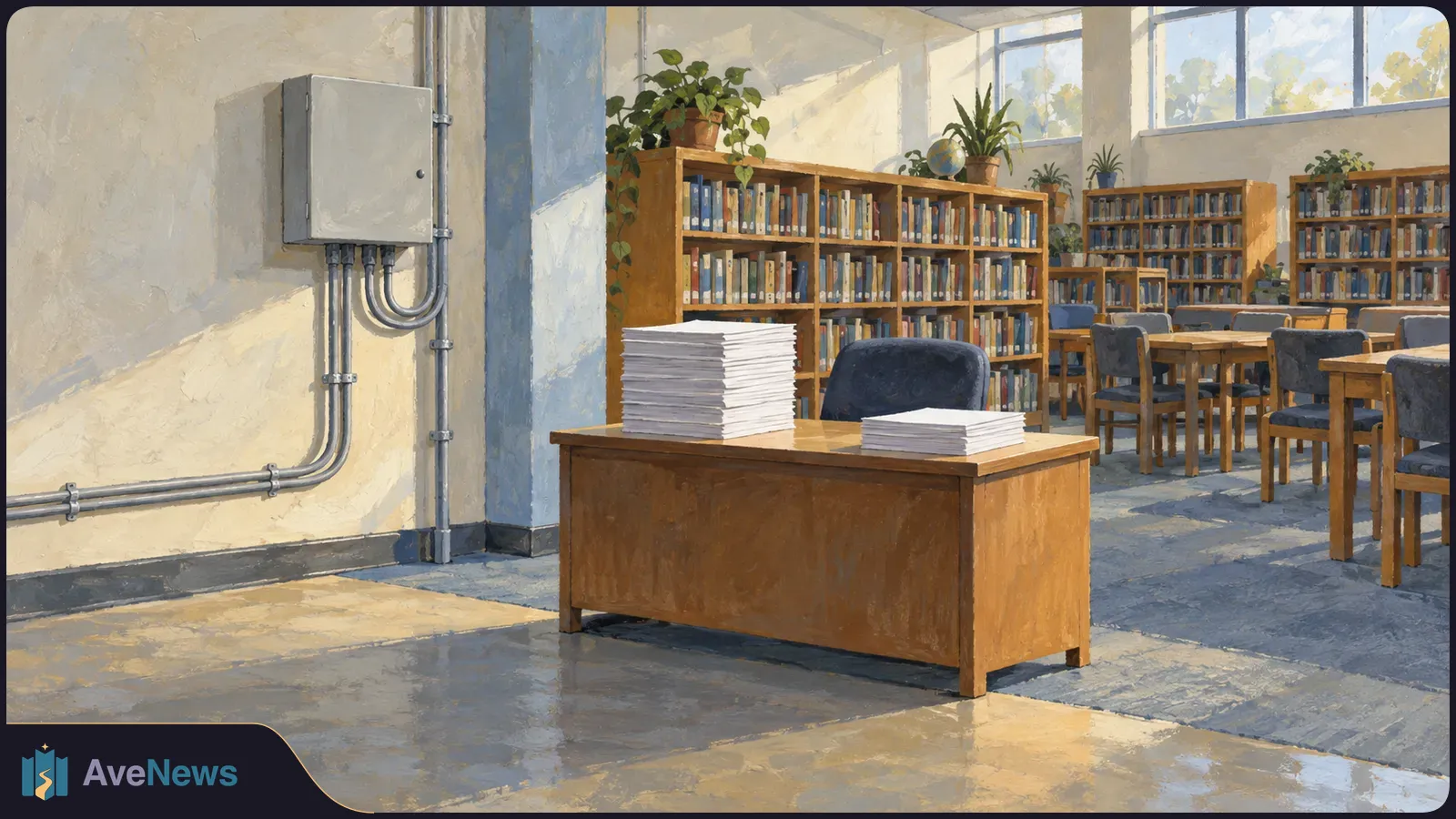 Sunlit library room with bookshelves, reading tables, a desk stacked with blank papers, and a gray electrical box with conduit on the wall. SI illustration