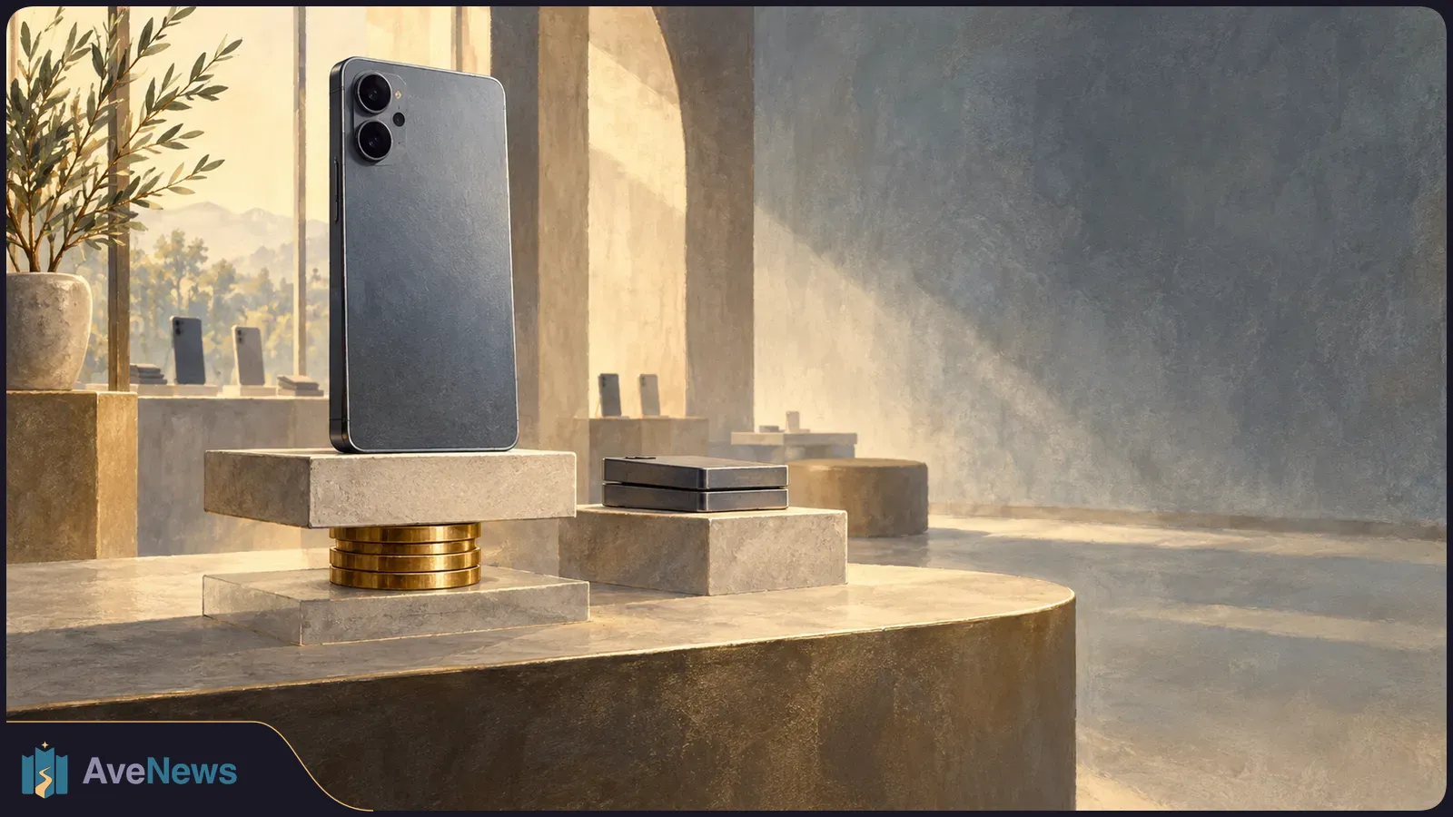 Illustration of a dark gray, dual-camera smartphone on a stone display raised over stacked gold coins in a sunlit showroom. SI illustration