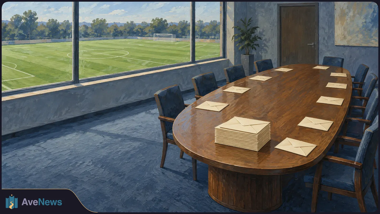 Painted view of an empty conference room with envelopes arranged on a long wooden table; large windows overlook a football pitch and goal. SI illustration
