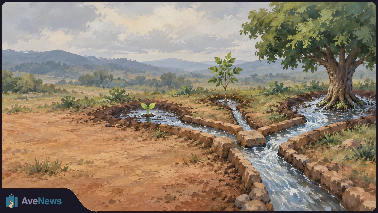 Painted landscape with stone-lined water channels flowing around a seedling, a young tree and a large tree, with hills beneath a cloudy sky. SI illustration