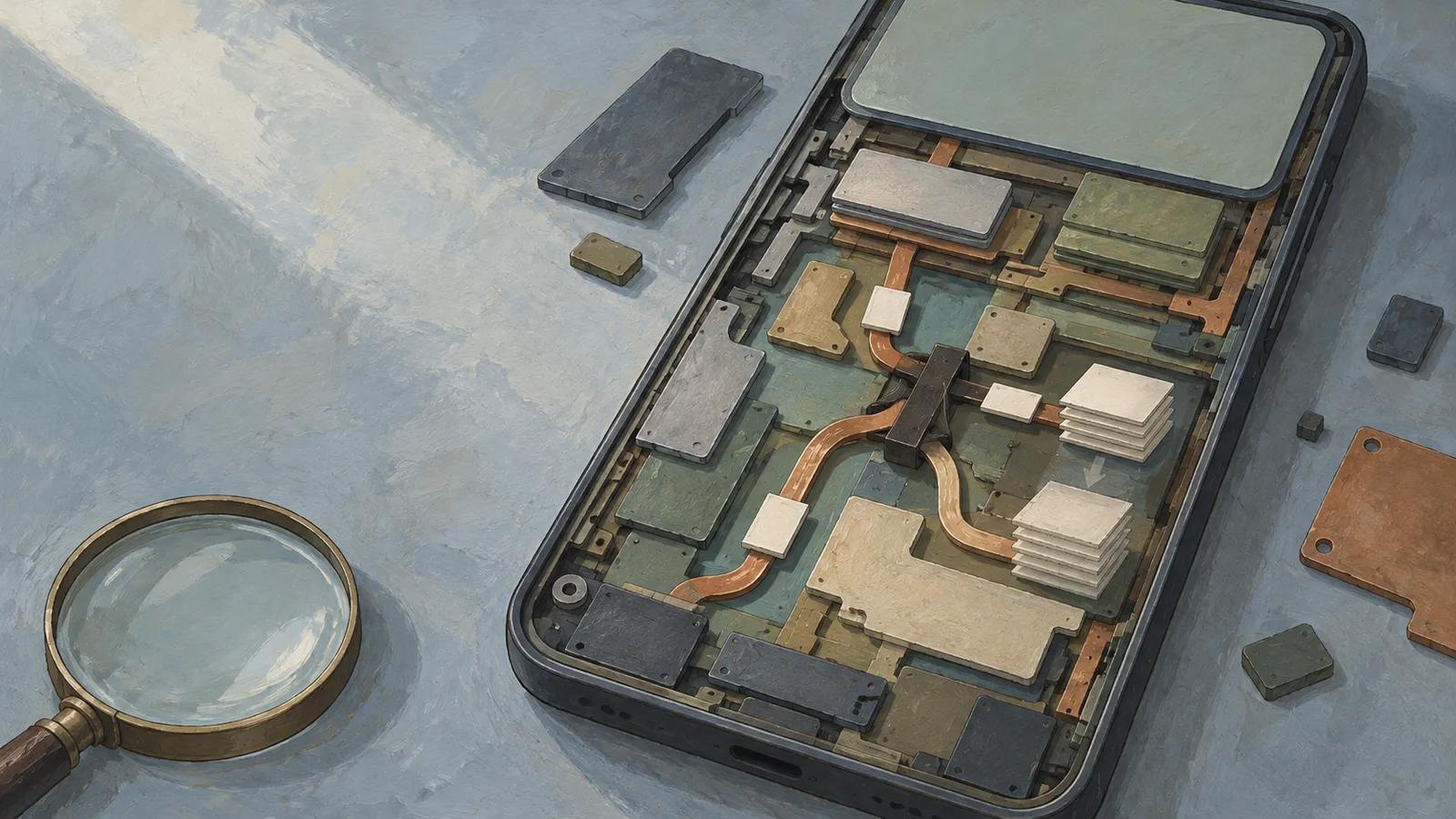 Illustration of an open smartphone with exposed components and copper pathways, surrounded by loose parts and a magnifying glass. SI illustration