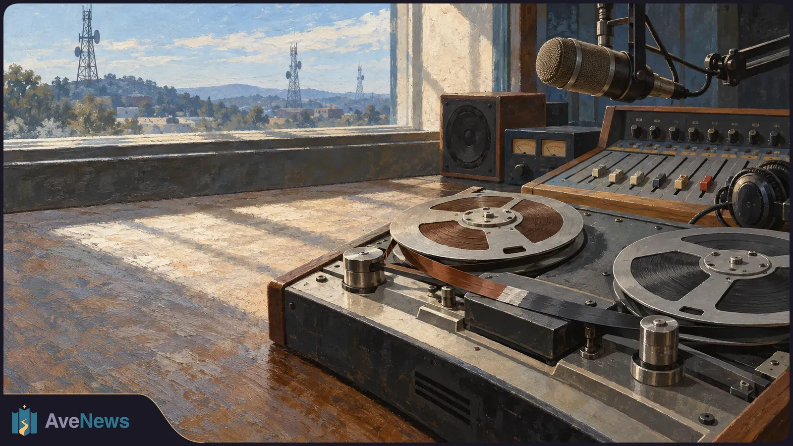 A painted scene of a reel-to-reel tape recorder, mixing console, microphone and headphones by a window overlooking radio towers. SI illustration