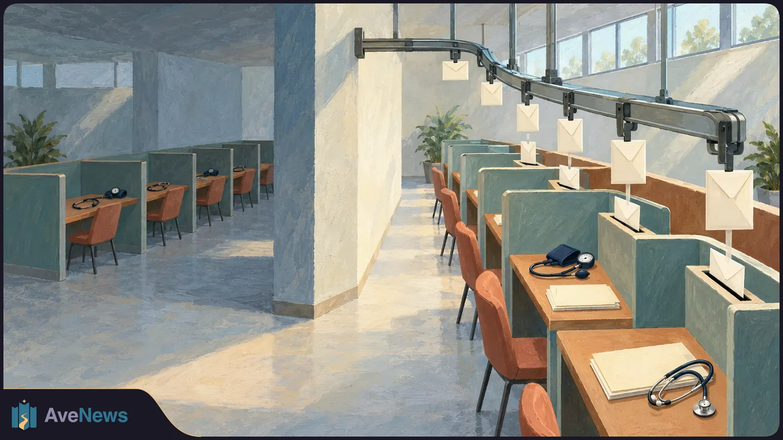 A painted conveyor delivers envelopes to one row of empty booths with stethoscopes on the desks; a second row receives none. SI illustration