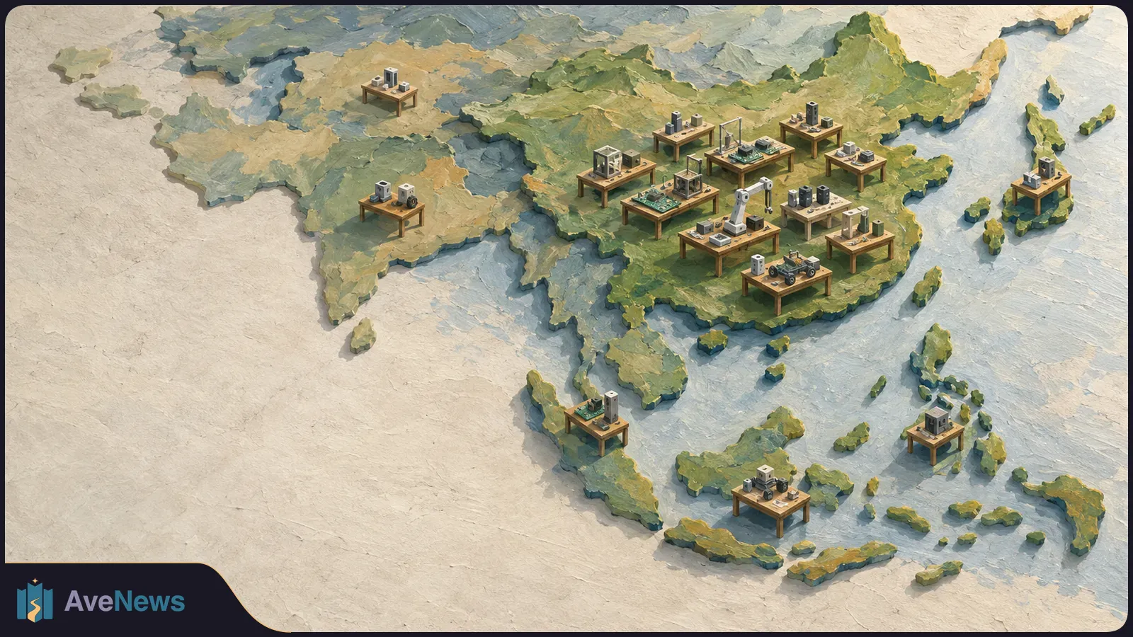 Painted relief map of Asia with miniature worktables holding computers, circuit boards and robotic equipment, clustered most densely over China. SI illustration