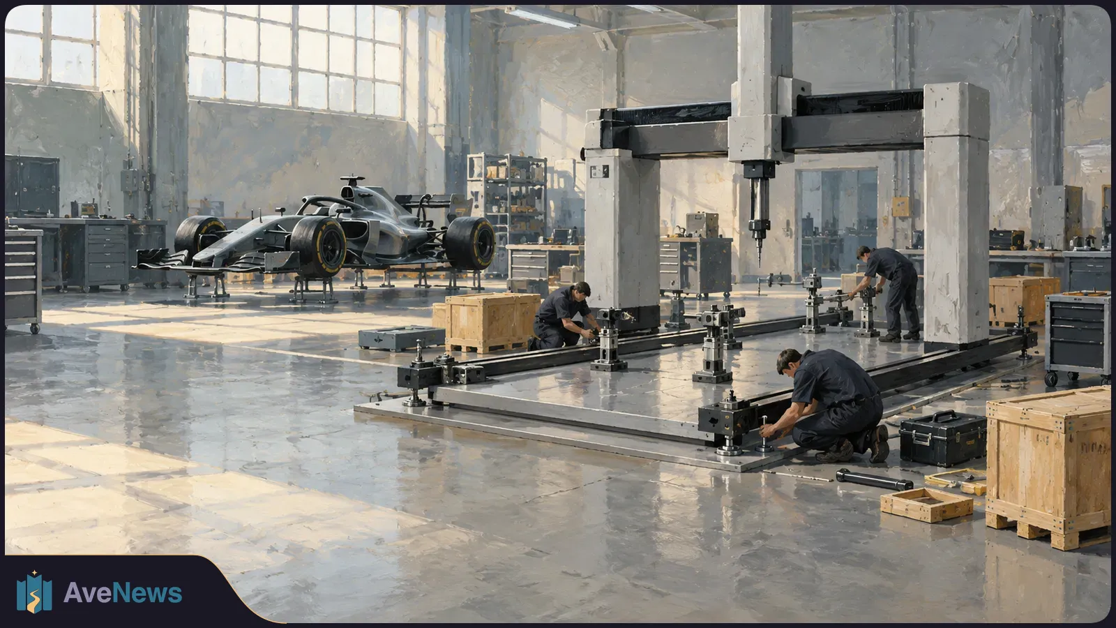In a sunlit workshop, three workers adjust the rails of a large gantry, with an unmarked open-wheel race car behind them. SI illustration