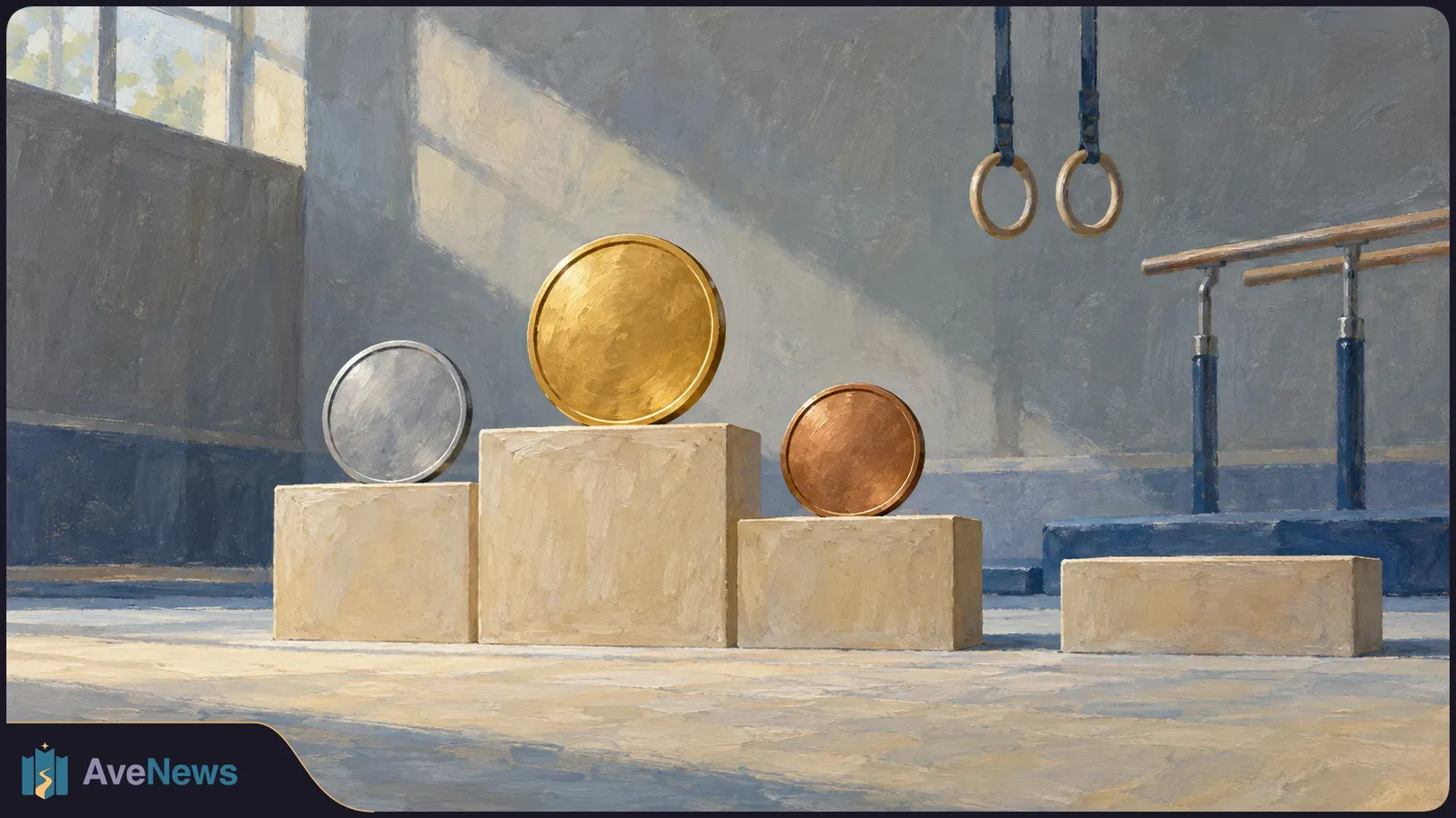 Painted gym scene with gold, silver and bronze discs on three podium blocks. Gymnastics rings and parallel bars are visible behind them. SI illustration
