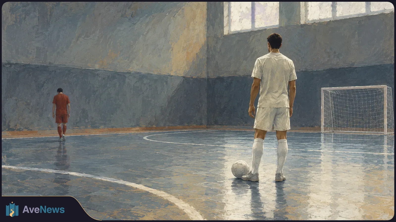 Painterly indoor futsal court with a player in white standing by a ball, another in red walking away, and a goal against the far wall. SI illustration