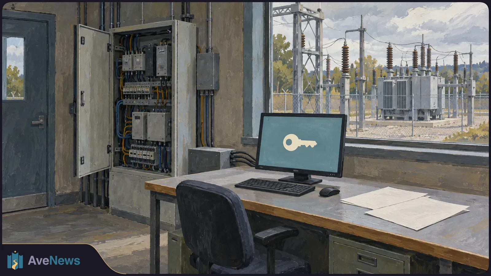 Painted electrical control room with an open wiring cabinet and a desk monitor showing a key symbol. Substation equipment is visible through the window. SI illustration