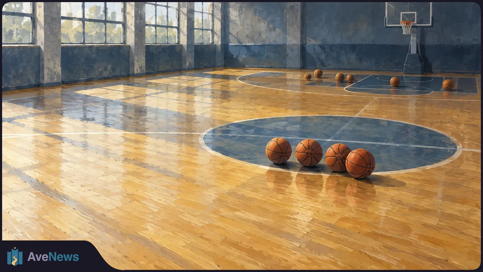 Painterly illustration of an empty basketball court, with four basketballs grouped near center court and several more near the far hoop. SI illustration