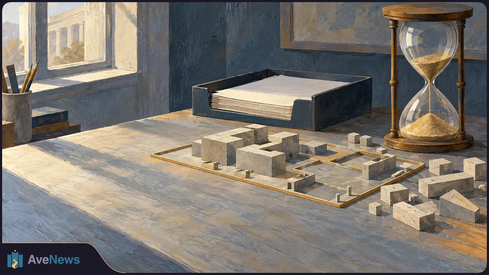 A painted desk scene with a small architectural model, a tray of blank papers and an hourglass; a columned building is visible through the window. SI illustration