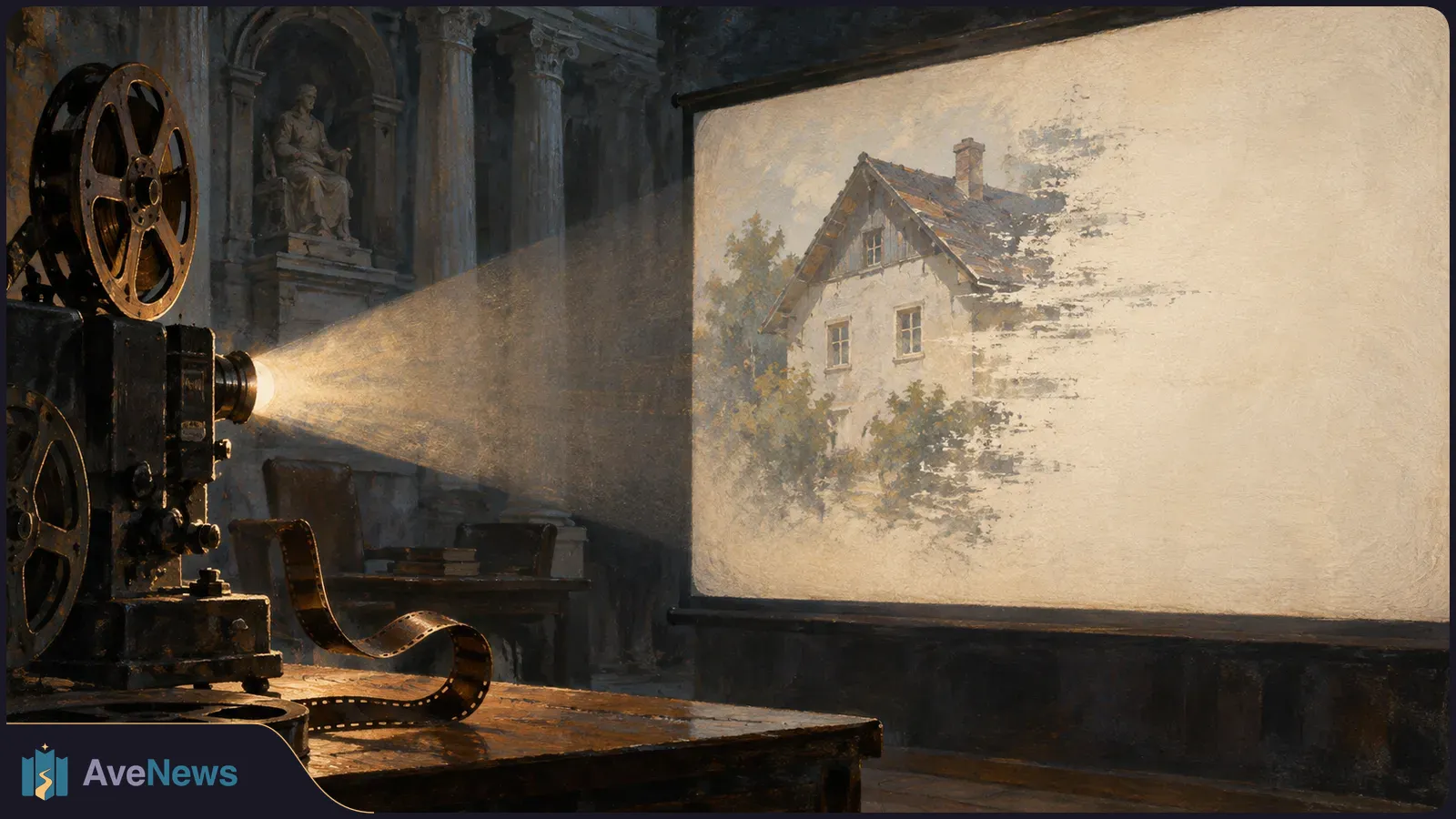 An old film projector casts an image of a house onto a large screen in a dim, ornate room. SI illustration