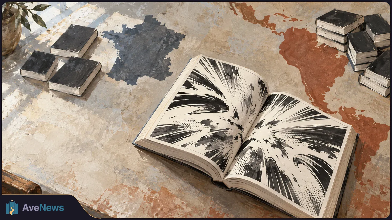 An open book filled with bold black comic-style strokes lies between a gray map-like shape and a rust-colored map of Latin America, with stacks of closed books nearby. SI illustration
