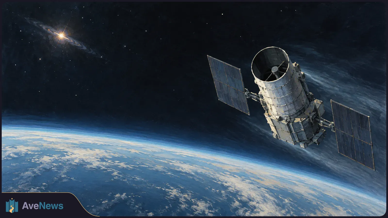 Illustration of a telescope-like satellite with two solar panels above Earth's curved, cloud-covered horizon, with stars and a bright light in the distance. SI illustration