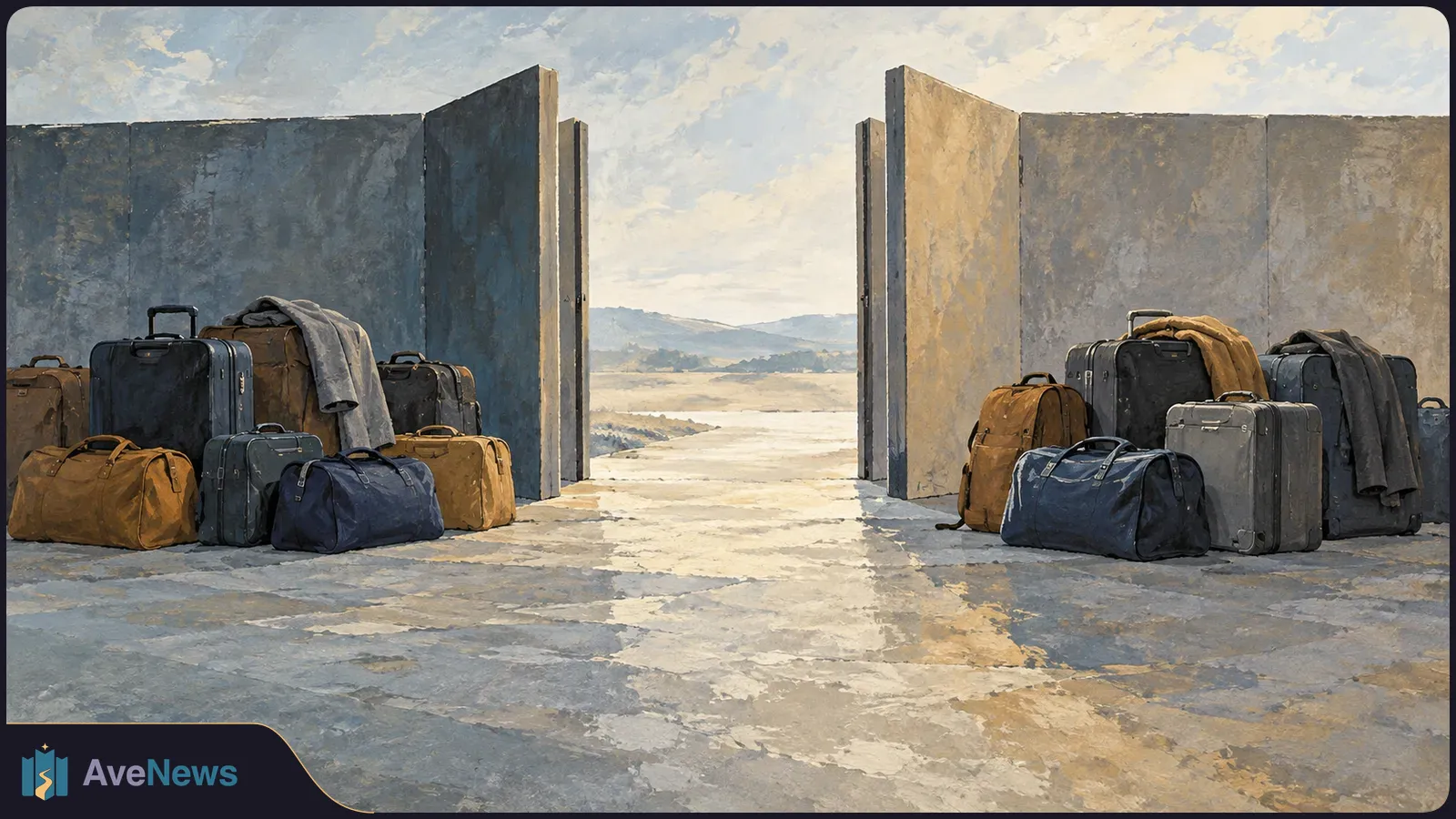 Painted scene of suitcases and duffel bags stacked beside concrete walls, with an open passage leading toward a distant landscape under a cloudy sky. SI illustration