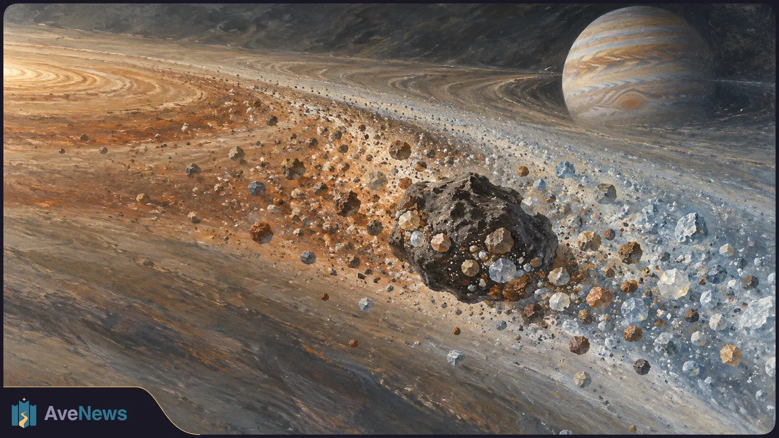 A large dark asteroid amid streams of rust-colored and blue-gray rocks and dust, with Jupiter visible in the upper right. SI illustration