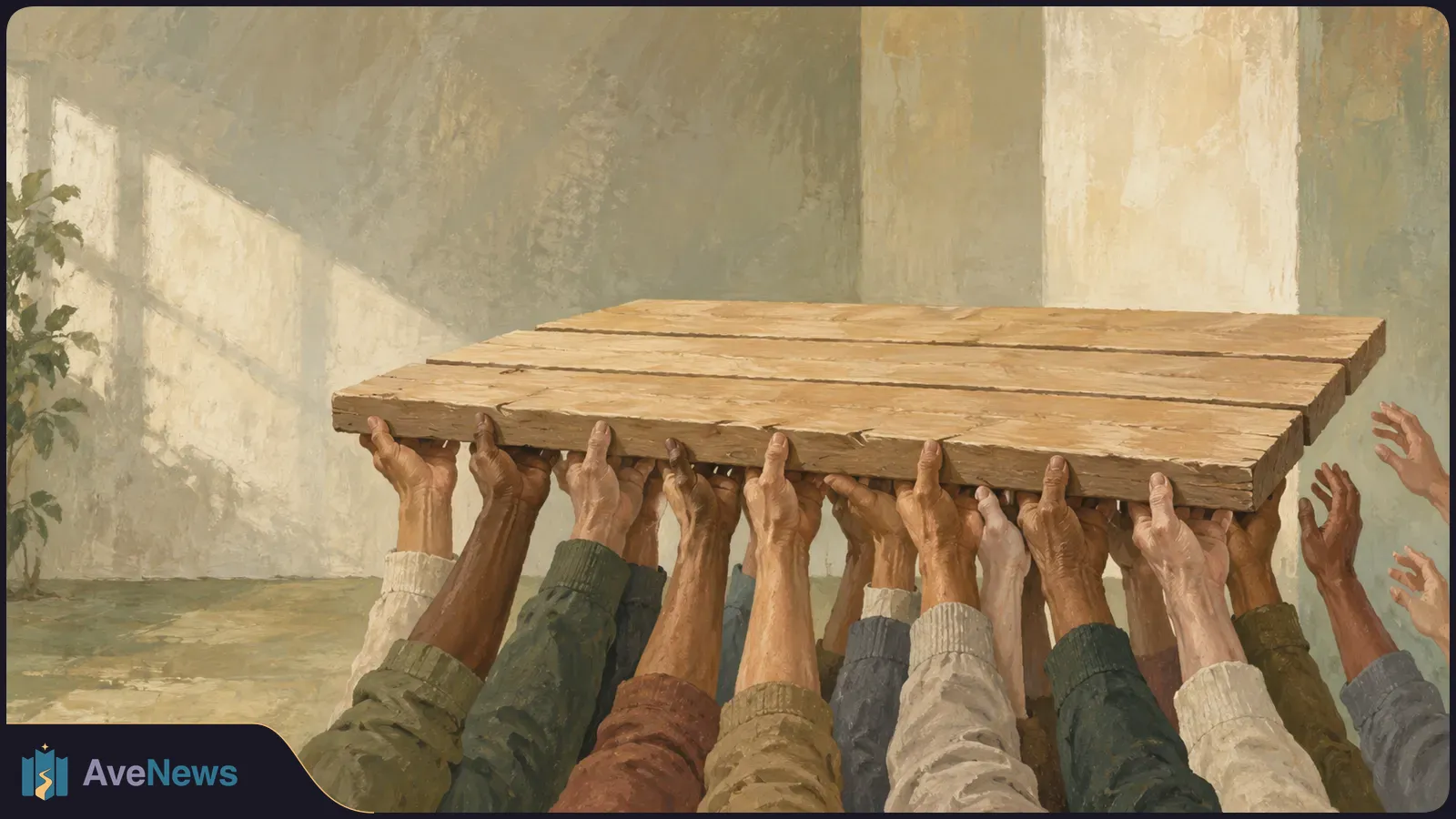 Painted scene of many hands lifting a broad wooden platform, with a few hands reaching toward it beside a sunlit wall. SI illustration