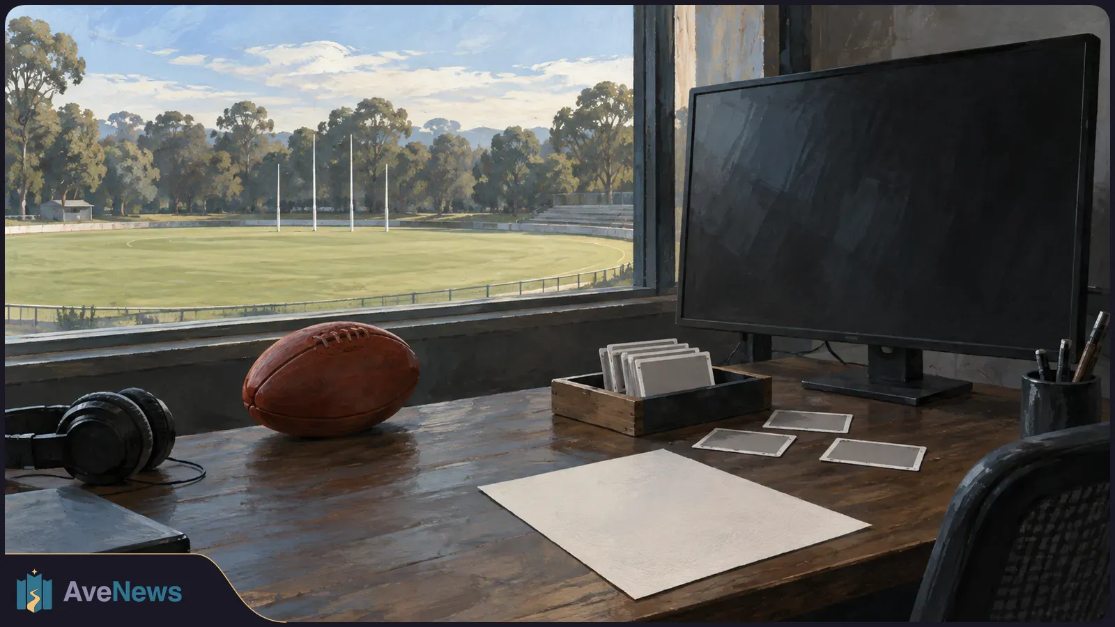 Painted view of an oval football field through a window. A desk holds a football, headphones, blank paper and cards beside a dark monitor. SI illustration