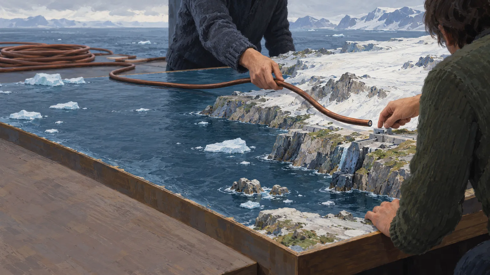 Two people handle a copper-colored cable over a tabletop model of an icy coastline, with miniature icebergs, cliffs and buildings. SI illustration