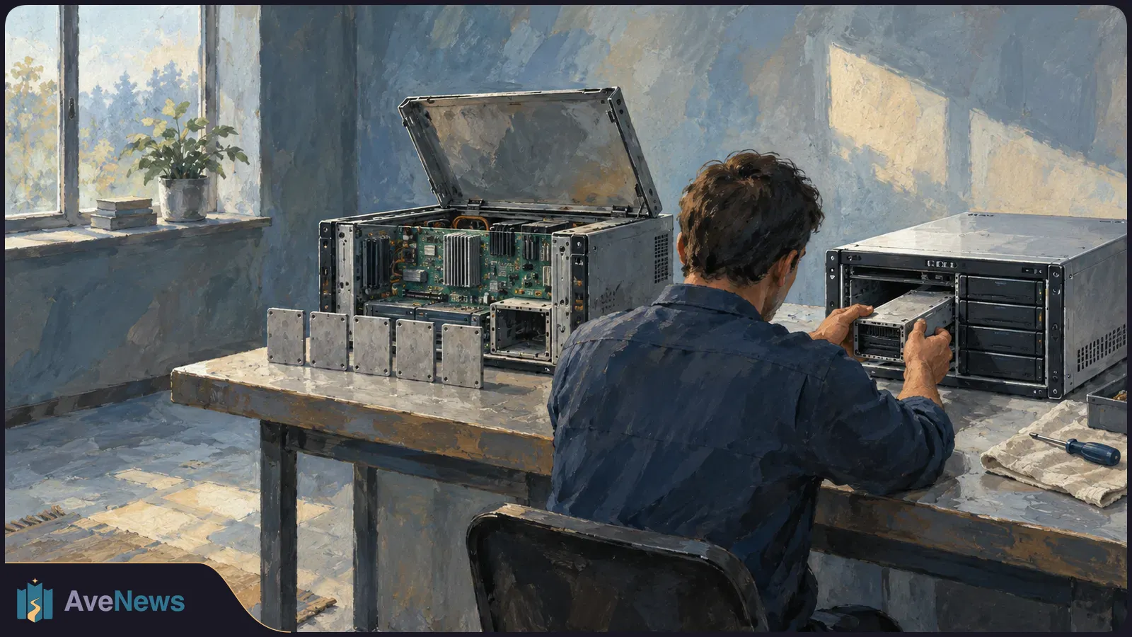 Painterly illustration of a person seen from behind sliding a drive into a server case at a workbench, beside an open computer chassis and loose metal panels. SI illustration