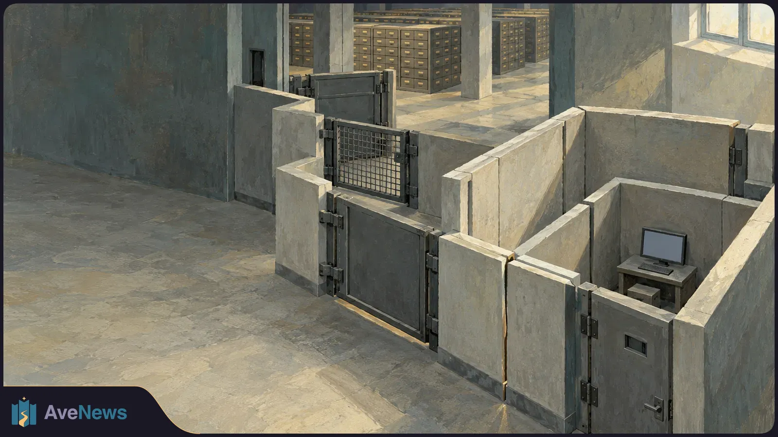 A painted concrete interior with metal gates separating a small computer workstation from rows of filing cabinets. SI illustration