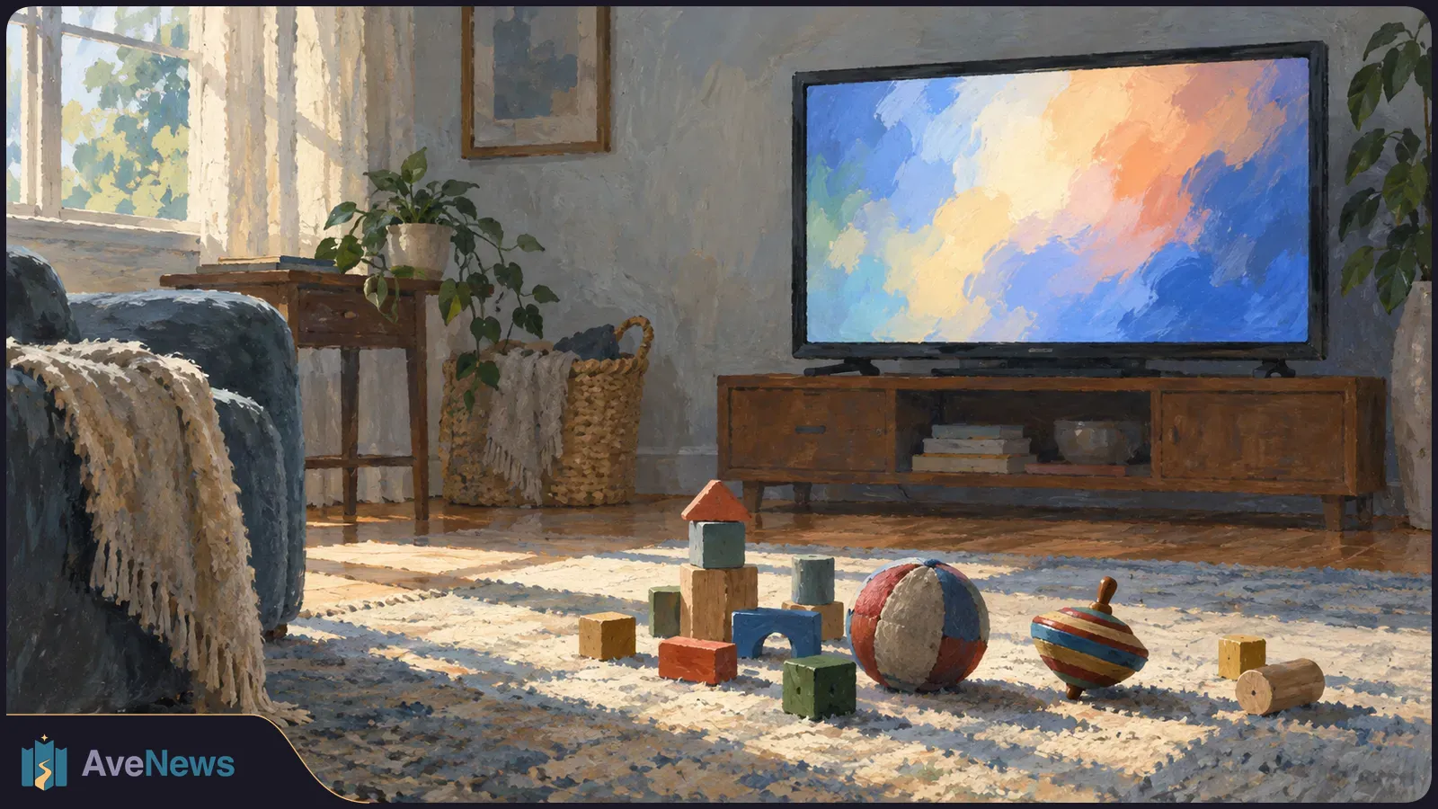 Painted living room with toy blocks, a ball and a spinning top on a rug before a television showing abstract colors. SI illustration