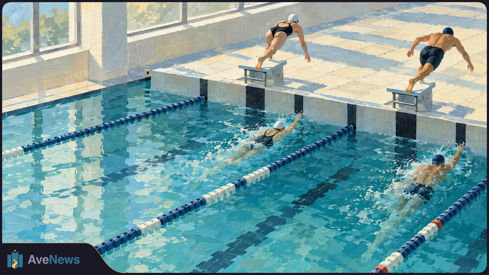 Painterly indoor pool scene with two swimmers diving from starting blocks and two others swimming in roped lanes. SI illustration