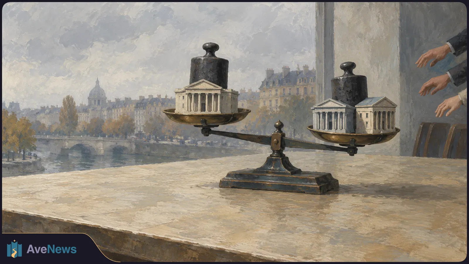 Painted scene of a balance scale holding miniature columned buildings and dark weights on a stone ledge, with a river and city buildings behind it; three hands reach in from the right. SI illustration