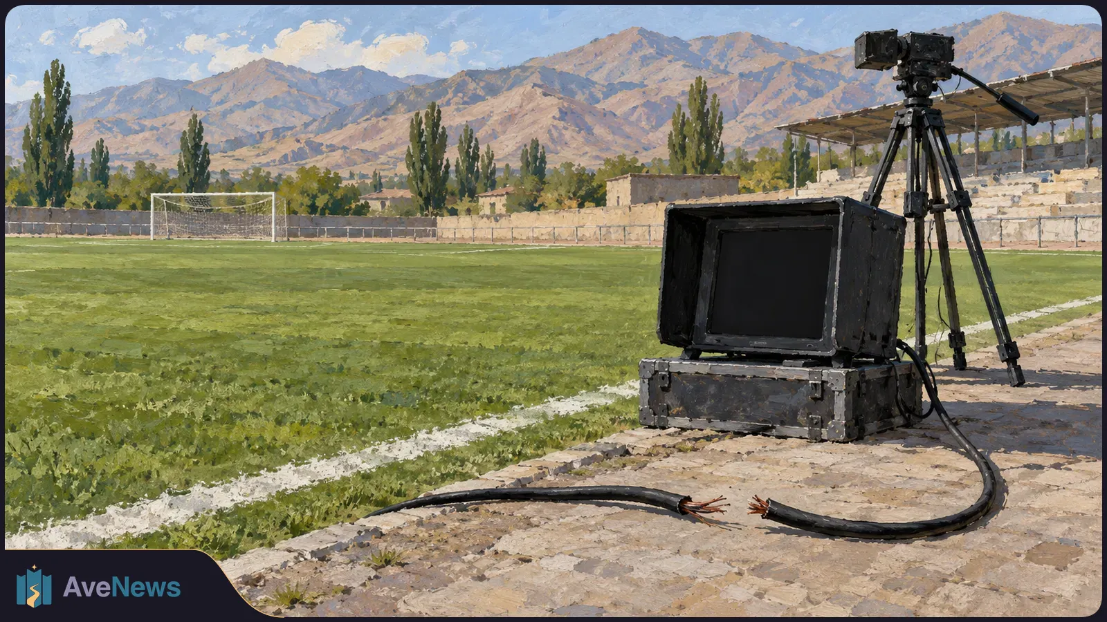 Painted view of an empty football pitch with a goal and mountain backdrop. A camera, dark monitor and severed cable sit beside the touchline. SI illustration