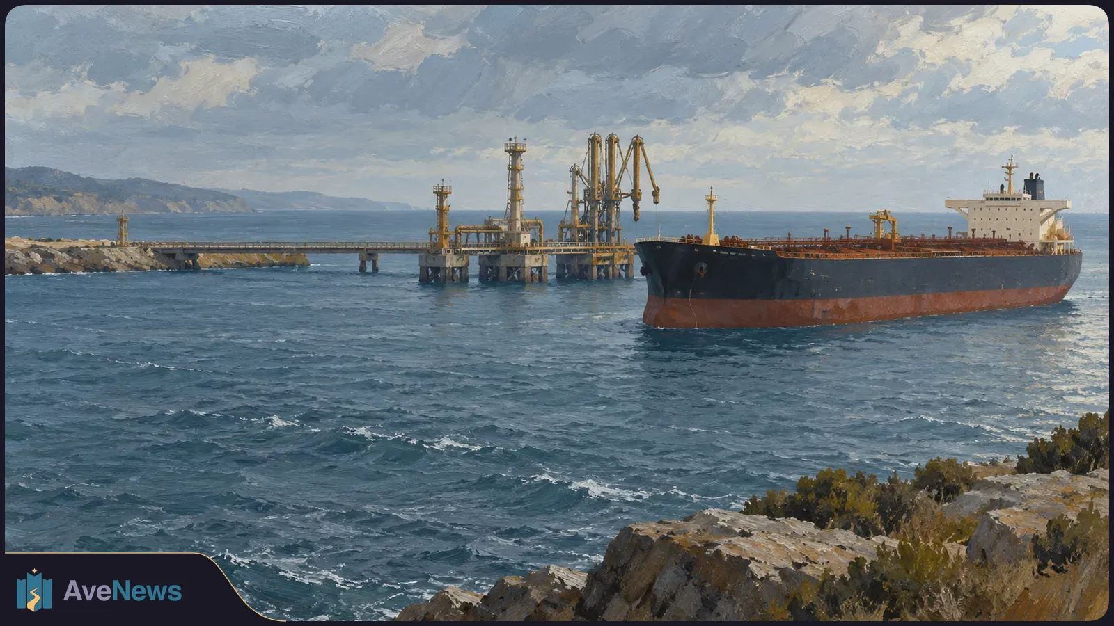 Painted coastal scene with a large oil tanker beside an offshore loading terminal, with choppy blue water, a rocky shore and cloudy sky. SI illustration