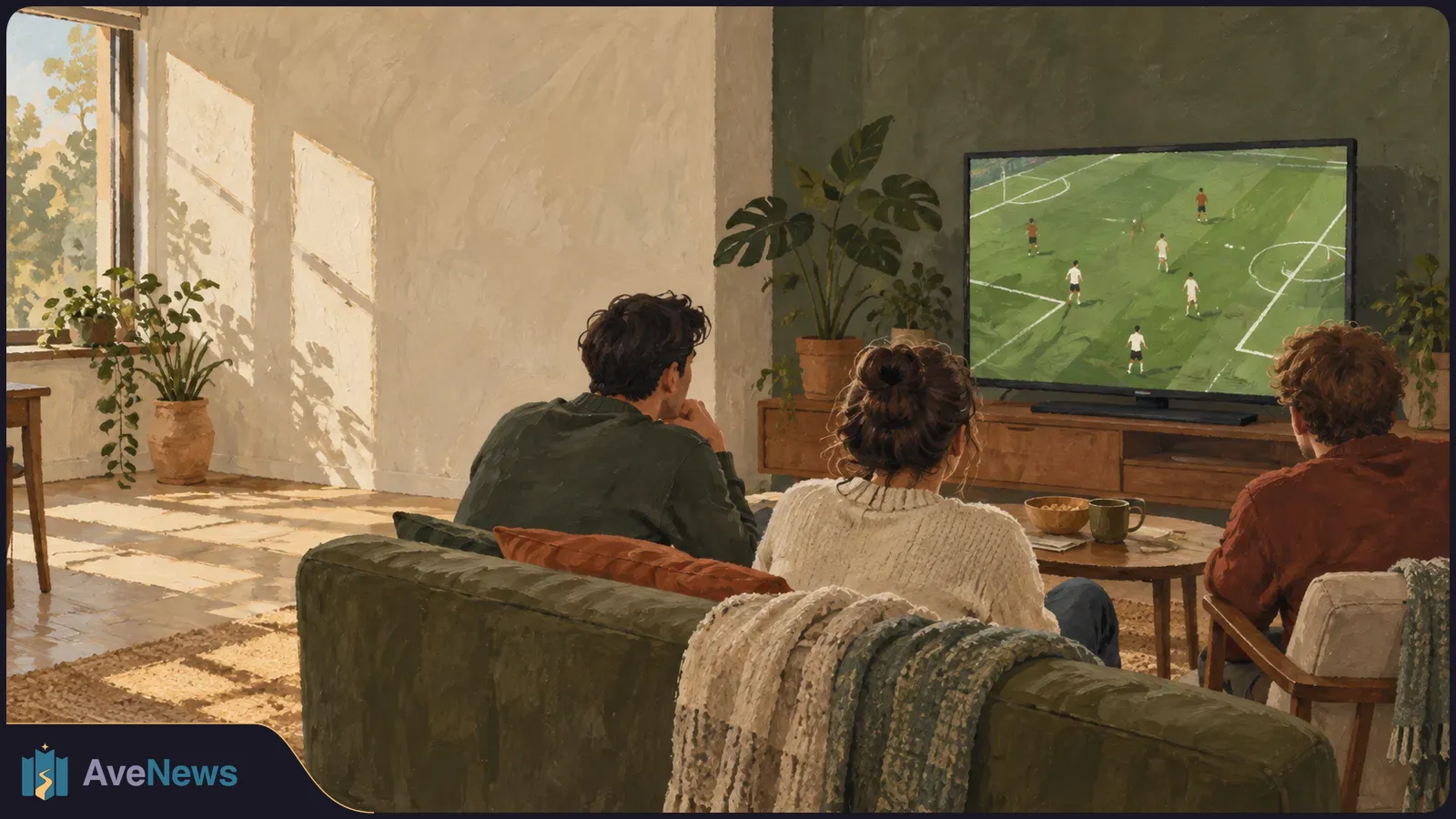 Painted living-room scene with three people seen from behind watching football on a television; sunlight falls across the floor and plants. SI illustration