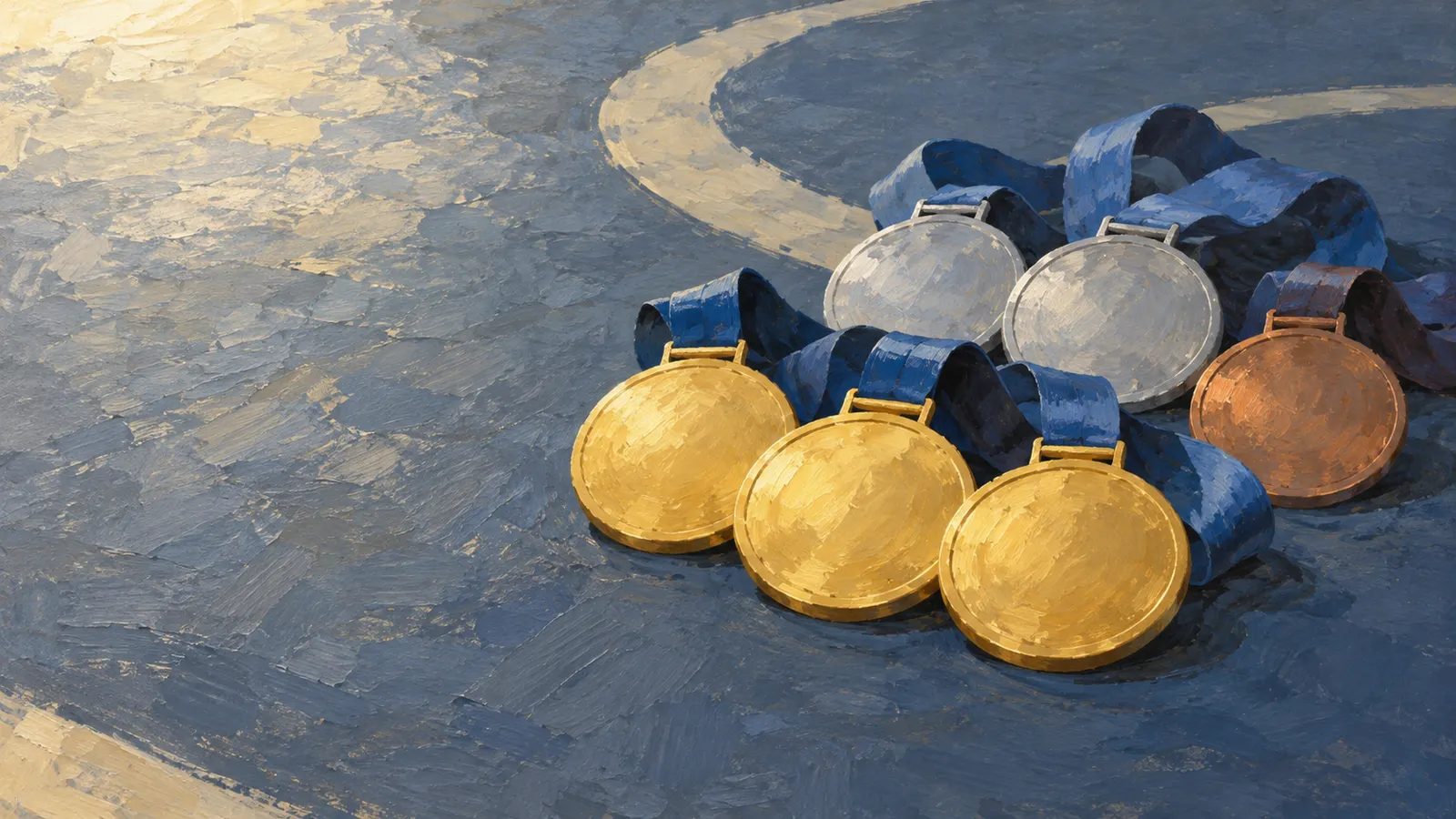 Illustration of three gold, two silver and one bronze medal with ribbons on a blue surface marked by curved lines. SI illustration
