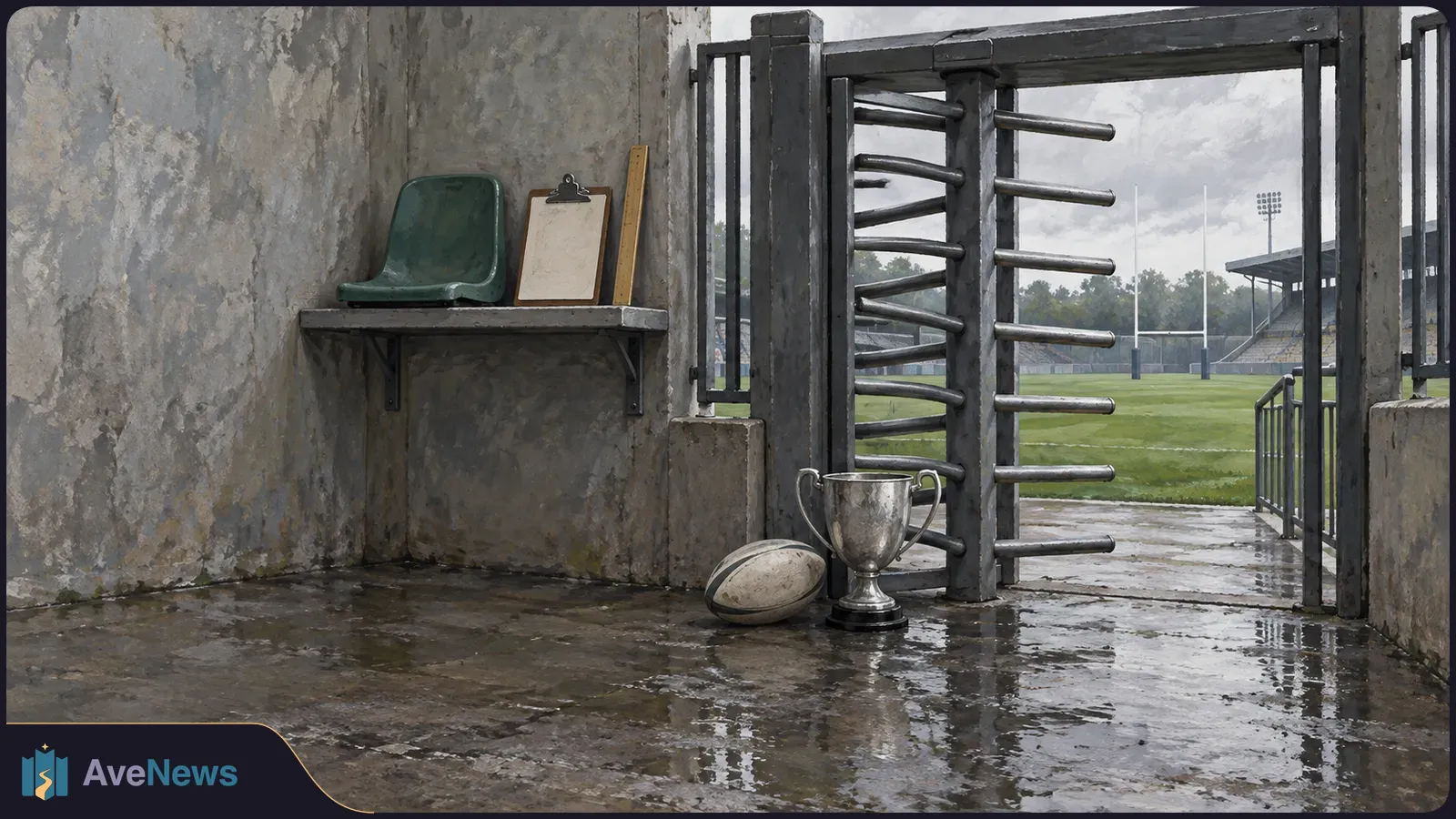 A rugby ball and silver trophy sit on wet concrete beside a stadium turnstile. A blank clipboard and green seat rest on a shelf, with an empty pitch beyond. SI illustration