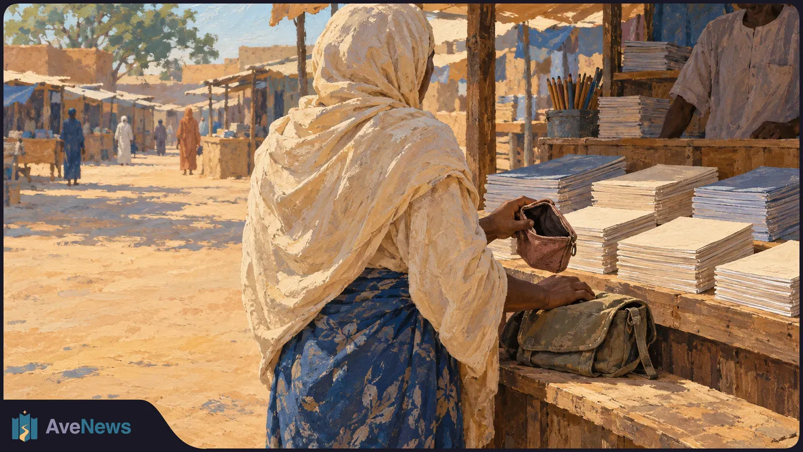 A painted market scene shows a woman in a cream headscarf holding an open purse beside stacks of notebooks and a bag. People walk among stalls in the background. SI illustration
