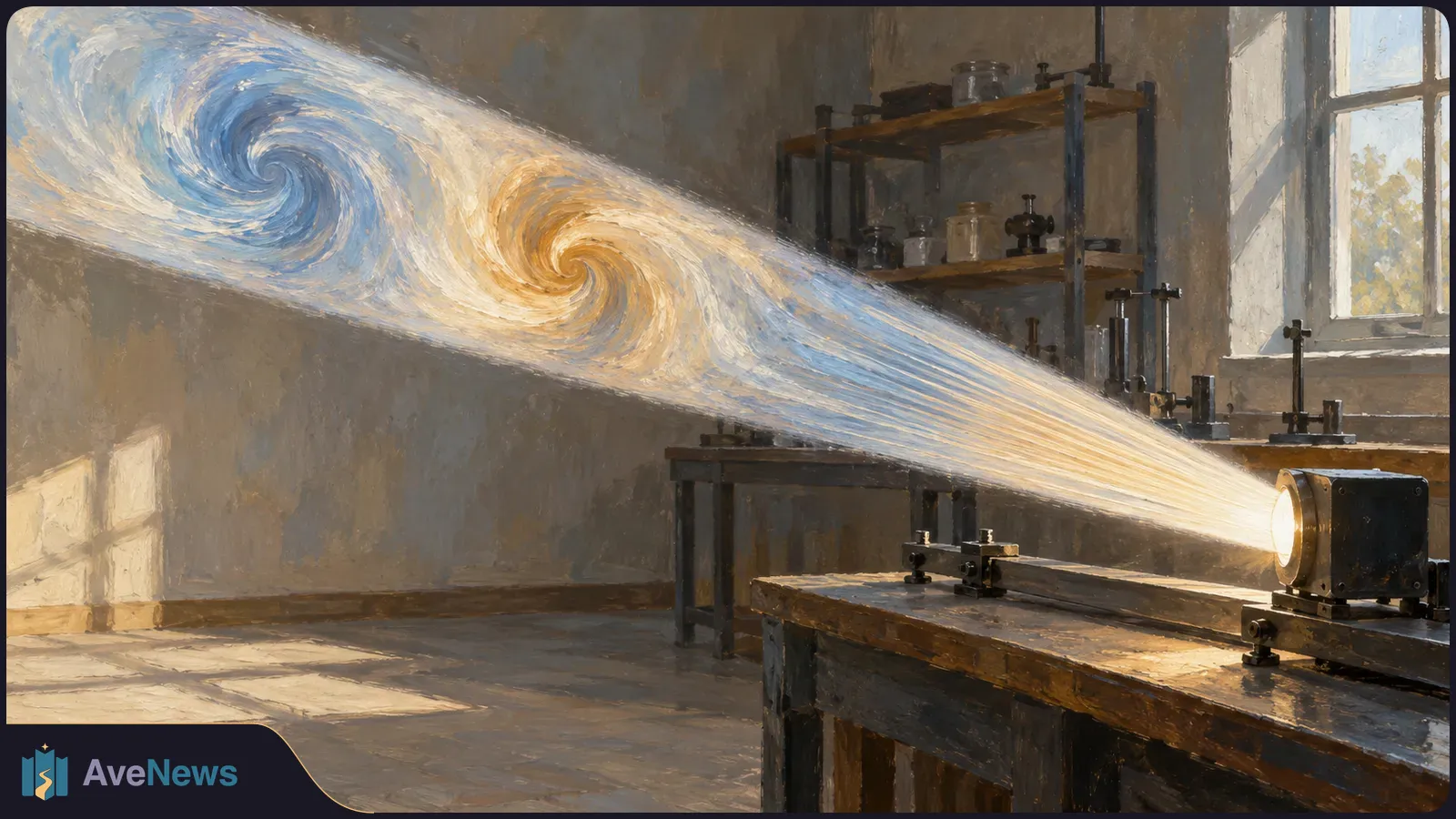Painted laboratory scene with a beam widening from an optical device, its blue and gold light forming two swirling regions. SI illustration